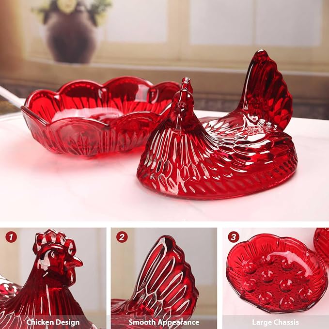 Crystal Glass Hen-Shaped Candy Server,Pastoral Style Candy Bowl with Lid,Red Tabletop Decor Dessert Plate Snack Bowl Egg Tray