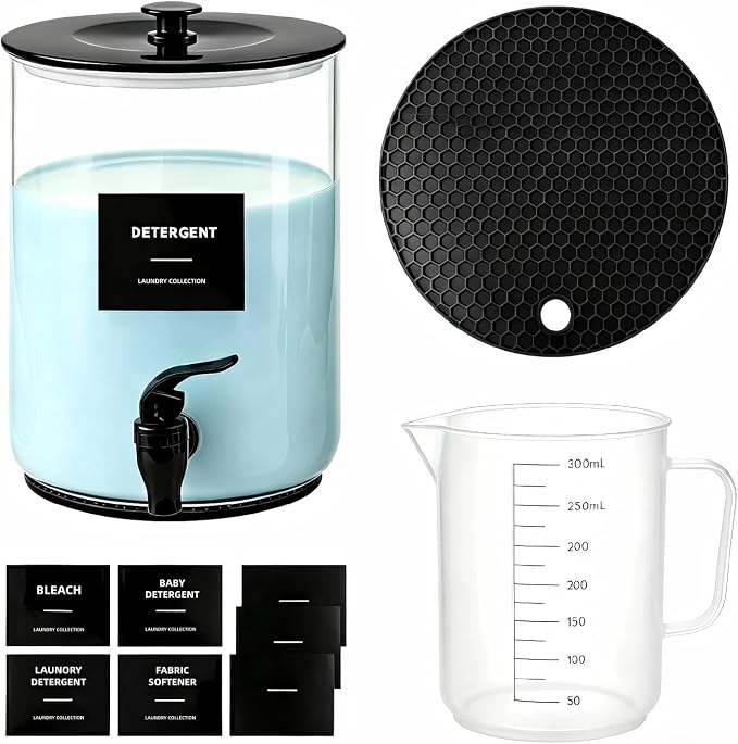 Glass Laundry Detergent Dispenser,1 Gallon Large Liquid Soap 1Pack(Black) | Complete borosilicate jars set with leakproof spigots, protective silicone mats, minimalist labels, and dosing cups.