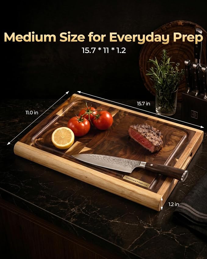 Premium Hardwood End Grain Cutting Board 15.8"x11.2"x1.2" | Dark Acacia Wood, Juice Groove, Crack Resistant Design, Solid Wood Chopping Board for Meat & Vegetable Prep