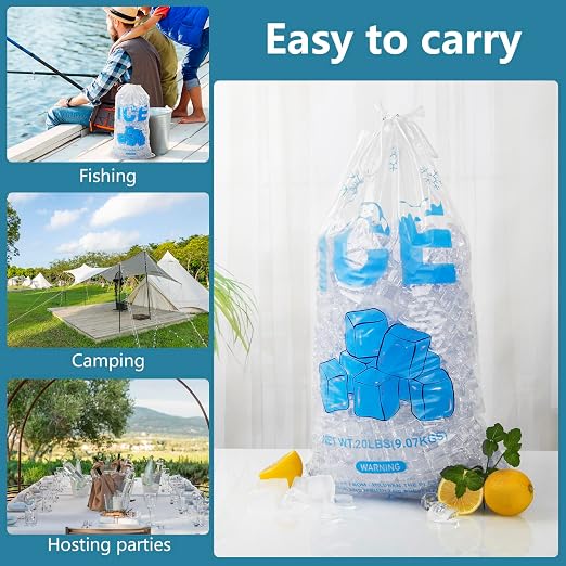 100 PACK 20 lb. Plastic Ice Bags with Cotton Draw String 14 x 28 Inch Heavy-Duty Plastic Ice Storage Bags with Draw String (2.8mil Thickness, Ice Cube pattern) | Heavy-Duty Plastic Ice Storage Bags with Draw String (2.8mil Thickness, Ice Cube pattern)