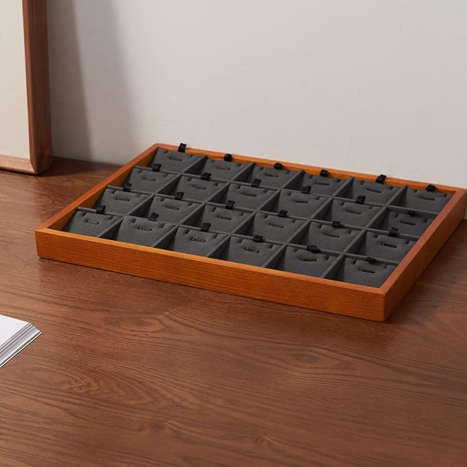 Oirlv Wood 24 Grids Jewelry Tray with Removable Inserts Jewelry Pads Necklace/Pendant Display Organizer Tray(Grey)