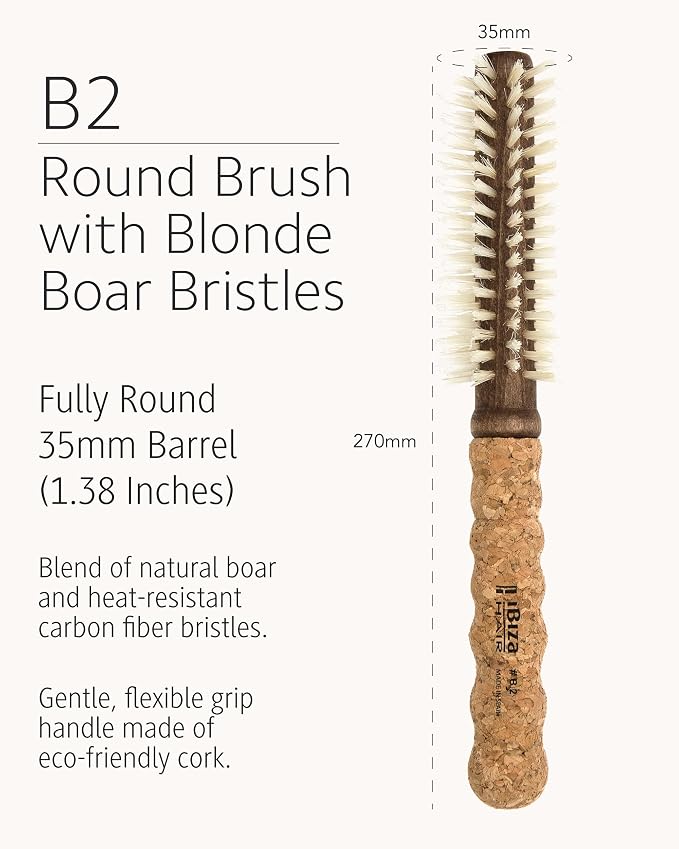 Ibiza Hair Boar Bristle Round Brush (B2-35mm) | Blonde Bristles & Cork Handle | Ideal for Color Treated Tresses | Big Waves or Tight Curls | Adds Shine & Texture for Long Styles & Large Sections