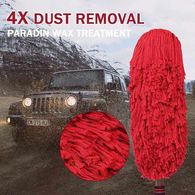 Car Duster Exterior with Extendable Handle, Scratch Free Auto Wash Brush Mop, Interior Detailing Kit for Truck RV Boat - Wax Cotton Duster & Interior Brush, Red
