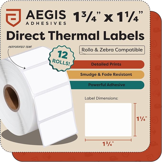 Aegis Adhesives - 1.75" X 1.25" Direct Thermal Labels (13200 Count, 12 Rolls) - Barcode Stickers, SKU Labels, and Product Identification - Compatible with Zebra and Rollo Printers