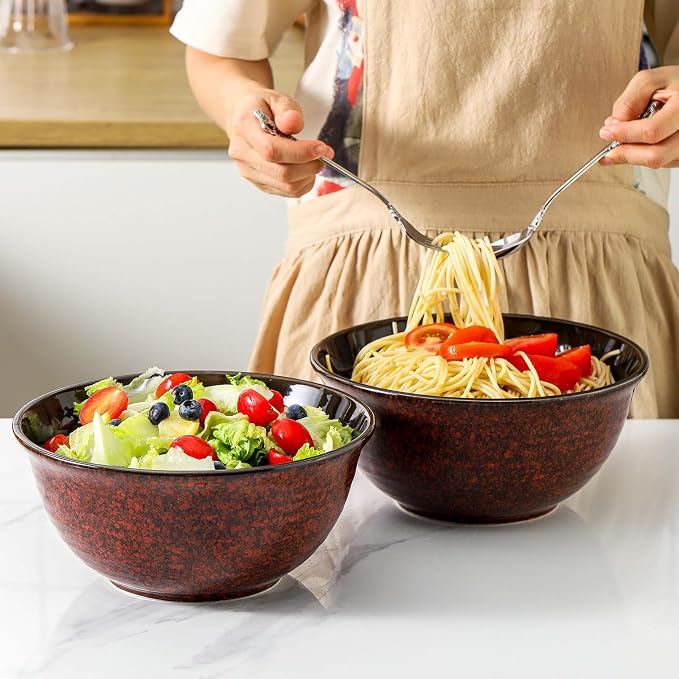 HASENSE Serving Bowls, 84 Ounce Ceramic Mixing Bowls Set of 2 for Kitchen, Large Salad Nesting Bowls for Cooking,Baking,Soup,Pasta,Fruit, Microwave & Dishwasher Safe(Red)