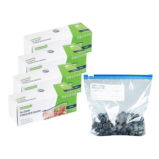 Restaurantware-Bag Tek 1 Pint Freezer Slider Bags, 1000 Disposable Zipper Pouch Bags - Slide Zipper, Expandable Bottom, Clear Plastic Freezer Bag, With Write-On-Label, For Food Storage