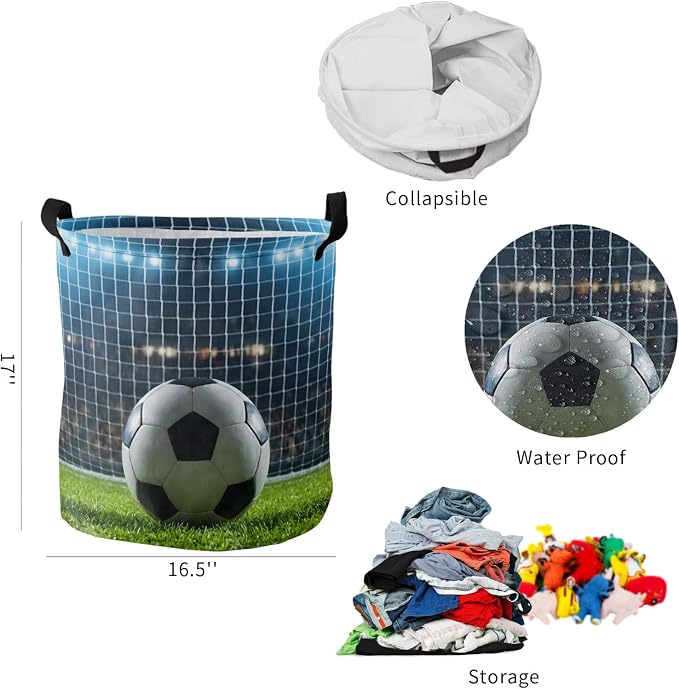 Collapsible Laundry Basket 60L, Football Storage Bin Laundry Hamper with Handles, Soccer Ball Sports Net Mesh Evening Match Waterproof Clothes Baskets for Bathroom/Bedroom 16.5 x 17 In