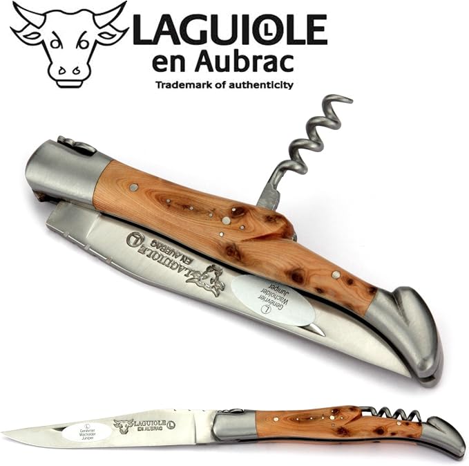 Laguiole en Aubrac Handmade Knife 12 cm Corkscrew L0312GEIF Juniper Wood Handle, Blade and bolsters Stainless Steel