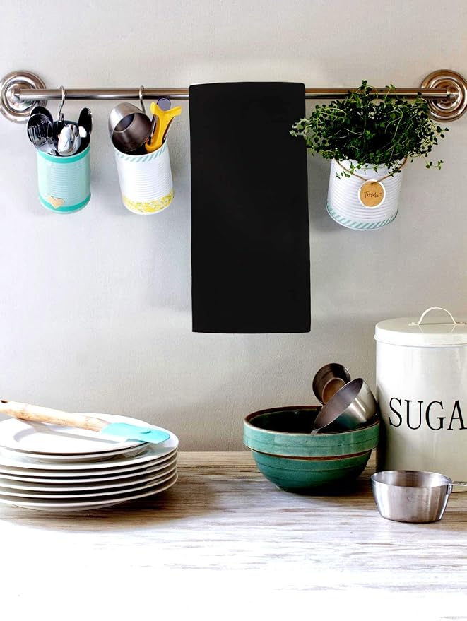 Urban Villa Kitchen Towels 100% Cotton Dish Towels for Kitchen(Set of 3)20”x30” Dish Cloths Highly Absorbent Kitchen Linen Set with Hanging Loop Perfect for Drying Dishes Cleaning Hand Towels – Black