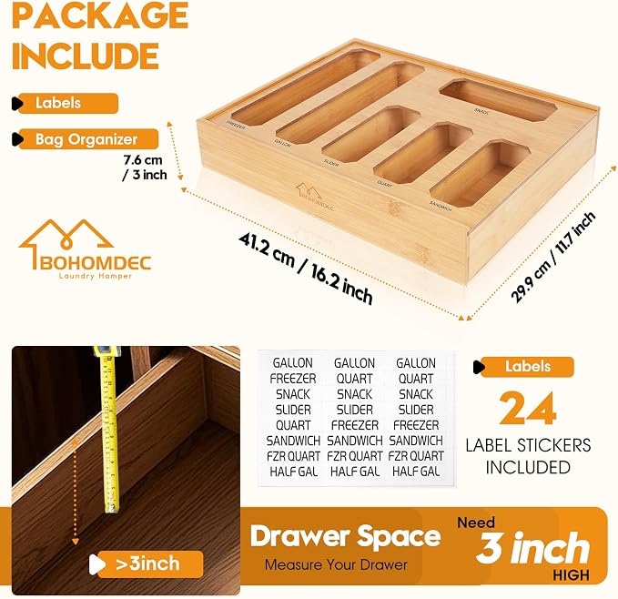 Bamboo Ziplock Bag Organizer for Kitchen Drawer & Wall Mount, Food Storage Baggie Holder, Fits Gallon Quart Sandwich Snack Freezer & Slider Bags, No Assembly, 6 in 1,Natural Color