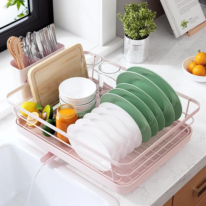 Kitsure Dish Drying Rack for Kitchen Counter, 12''W x 15.5''L, Pink | Stainless Steel Sink Organization, Cutlery Holder, Home and Appartment Decor