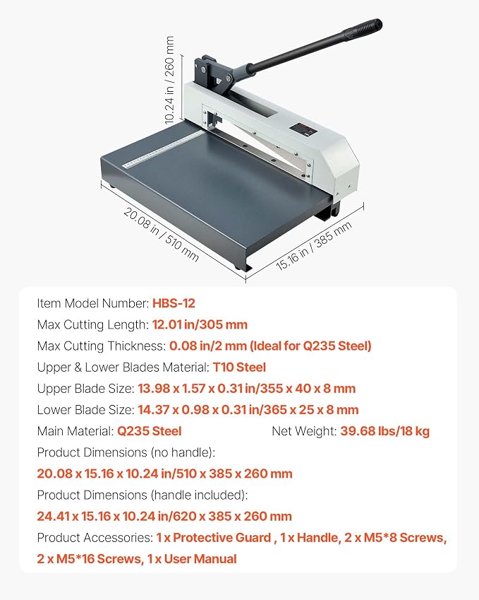 VEVOR Guillotine Sheet Metal Shear, 12 in Manual Hand Plate Shear, Heavy Duty Metal Plate Cutter Tool, with Solid Steel Frame, High Precision, for Cutting PCB Boards, Aluminum, Steel, Copper, Plastic