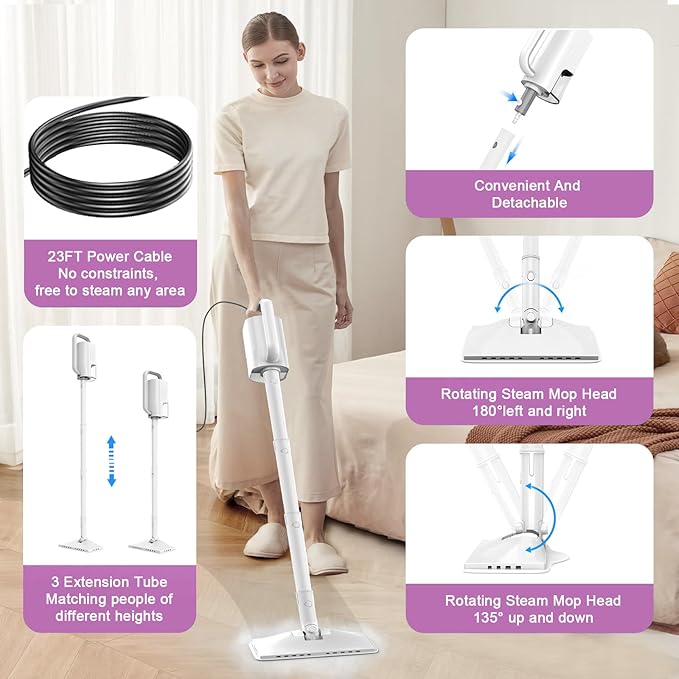 6-in-1 Steam Mop, 1200W Rotated Steam Cleaner for Home, 2 Modes, 400ML Removable Tank, 23FT Power Cord, 2 Pads, Multi-Surface Steamer for Hard Floor, Laminate Floor, Tiles Cleaning (Lunar Halo)
