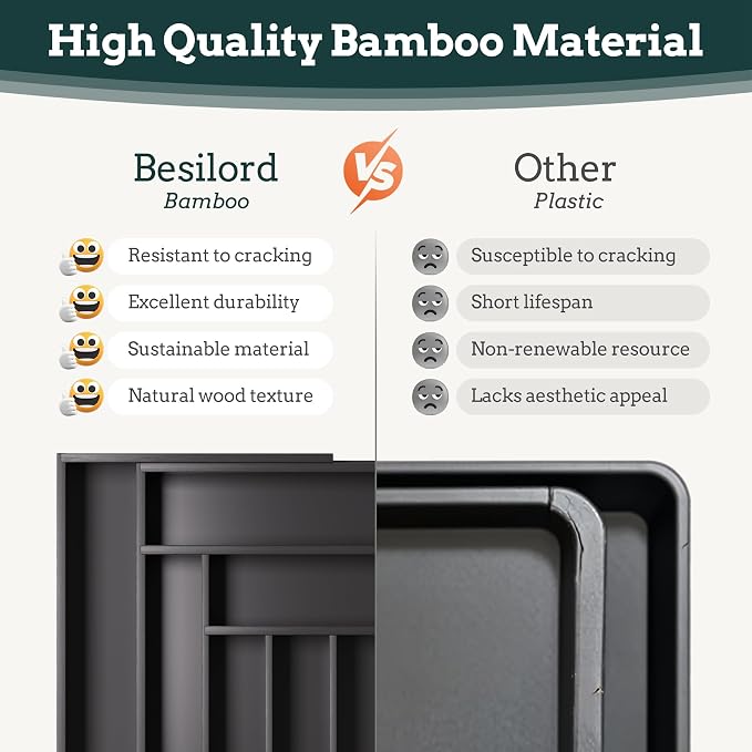 Silverware Organizer Large, Magnetic Connected Expandable 11 Slots Silverware Drawer Organizer from 21 to 37.4 Inches, Adjustable Flatware and Cutlery Holder, Bamboo Utensil Tray for Kitchen Black