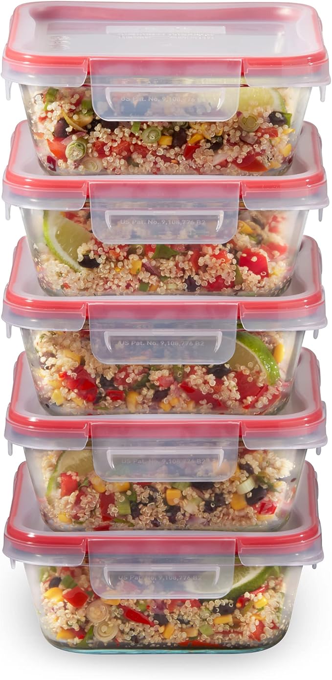 Pyrex Freshlock (5-Pack, 4 Cup) Glass Food Storage Containers Set, Airtight & Leakproof Plastic Locking Lids BPA-Free, Meal Prep Containers Set, Freezer Dishwasher Microwave Safe | Meal prep containers with BPA-free plastic airtight locking lids, freez...