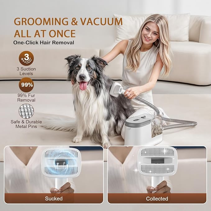 Dog Grooming Kit, 3 Suction Modes Dog Brush Vacuum with 6 Pet Grooming Tools (Eggshell)