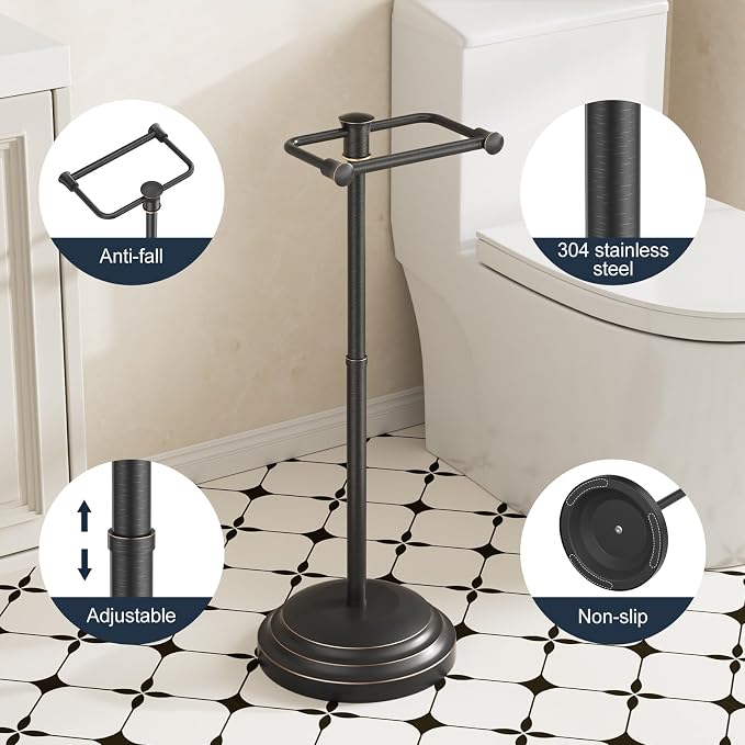 Bathroom Toilet Paper Holder Stand, Oil Rubbed Bronze Toilet Paper Holder Free Standing, Stainless Steel Pivoting Toilet Tissue Roll Holder，Adjustable Height (14 to 24 Inch) Paper Holder