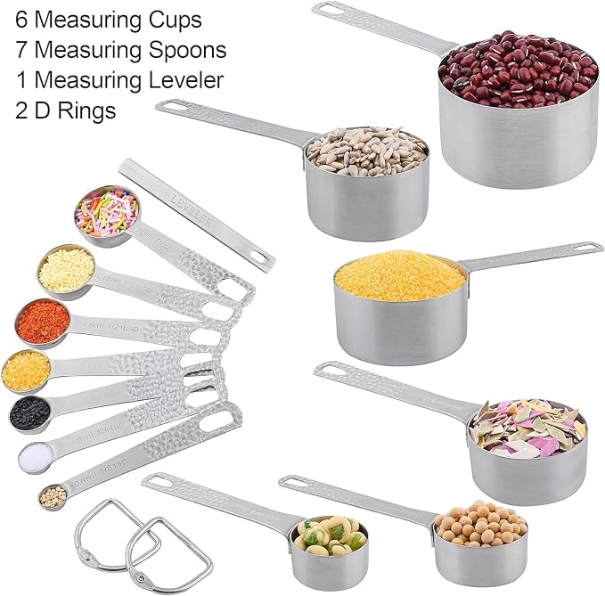 Measuring Cups and Spoons Set 14, Metric & US 18/8 Stainless Steel Measuring Cups and Spoons Set, Dry & Liquid Metal 6 Measure Cups & 7 Measure Spoons w/Leveler for Kitchen & Baking