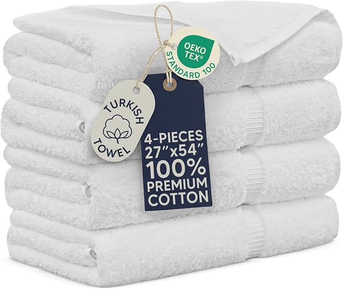 Towel Bazaar 4-Piece Bath Towel Set, 100% Premium Cotton Turkish Towels, 27x54 Luxury Towel Super Soft and Absorbent, Perfect Use for Bathroom, Shower Towels - White