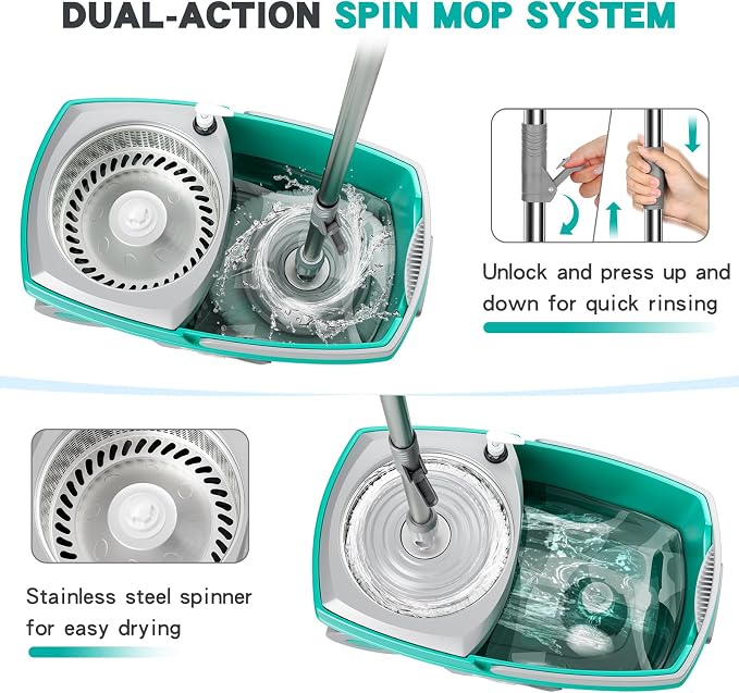 Mop and Bucket Set with 6 Replacement Microfiber Heads, Blue | Spin mop with wringer, 61-inch extra-long handle, spinning mopping floor cleaning system for home floor