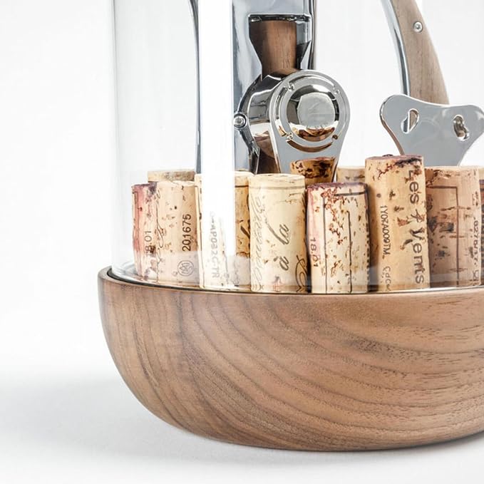 L'atelier Du Vin Oeno Motion Groom Corkscrew & Cork Dome Glass Cloche Display - Tabletop Centerpiece Walnut Wood Base Wine Tasting, Luxury Sommelier Gift Set, Wine Bottle Opener Designed In France