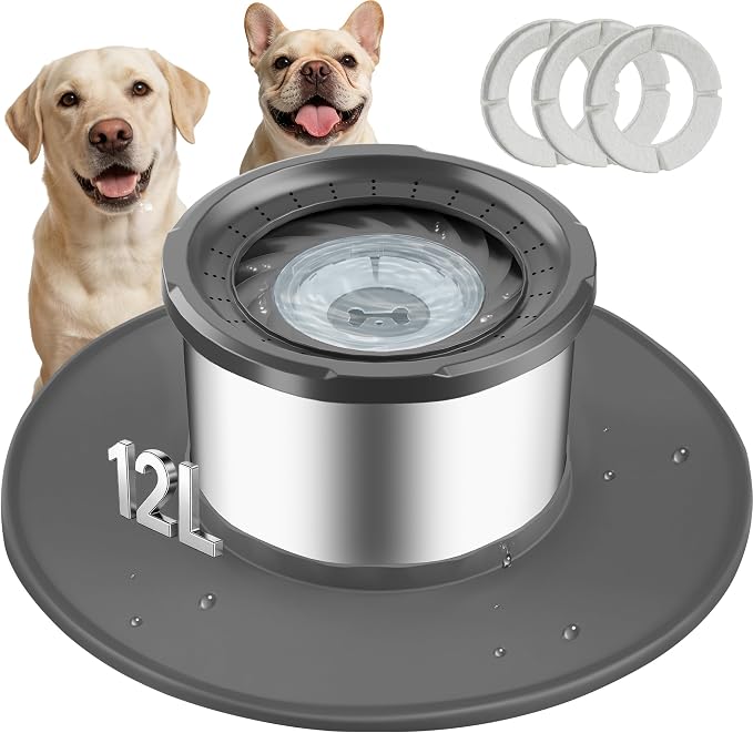 Decflow 12L No Spill Dog Water Bowl for Large Dogs, Stainless Steel Spill Proof Bowls with Suction Cup Anti-Skid Mat, Slow Drinking Feeder for Messy Drinkers, Heavy Duty Pet Bowls for Indoor/Outdoor