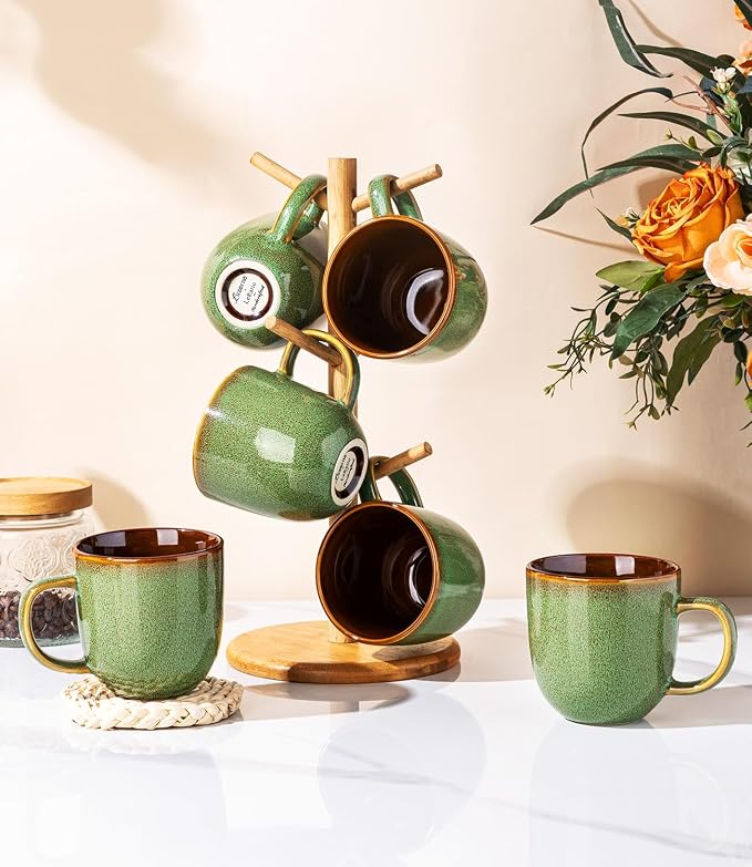 LERATIO Ceramic Coffee Mugs Set of 6,12oz Handmade Coffee Mugs Set | Large Handle for Cappuccino/Latte/Tea/Hot Cocoa,Oven &Dishwasher & Microwave Safe-Sage Meadow Green