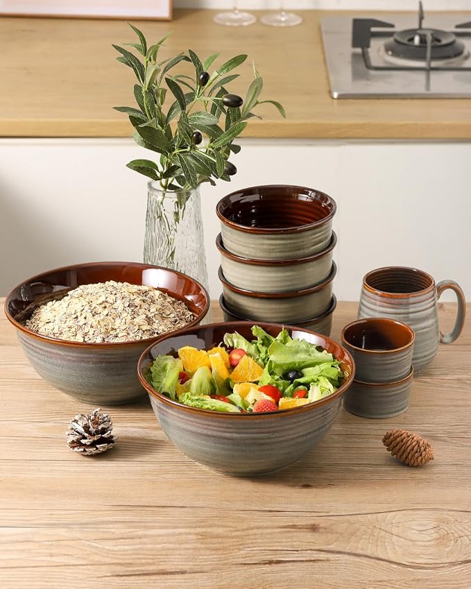 Hasense Serving Bowls, 84 Ounce Ceramic Serving Dishes for Salad Pasta Soup Pho, 9 Inch Mixing Bowls for Baking, Cooking, Kitchen, Party，Dinner, Microwave Dishwasher Safe, Set of 2, Light Grey