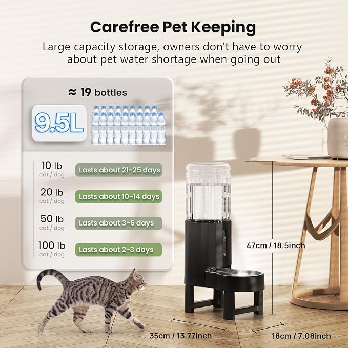CZPET Elevated Dog Water Bowl Dispenser for Large Dogs (9.5L+Stand,Black) | With Stainless Steel Bowl Gravity Waterer, Large Capacity and Drinking Area Noise-Free for Pets