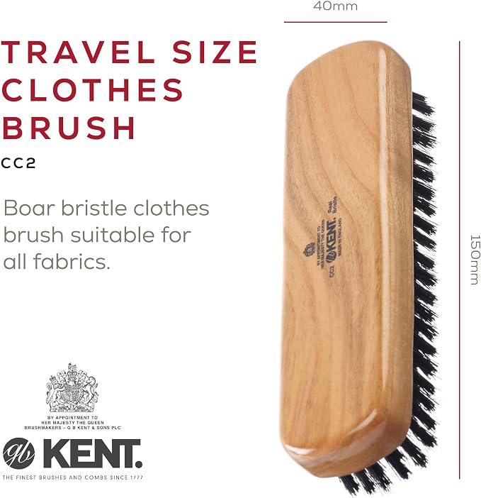 Kent CC2 Finest 100% Handcrafted Clothes Brush: Black Boar Bristle & Nylon Mix with Cherrywood Handle - Travel-Size Lint/Fuzz Remover for Cashmere, Wool, Silk; Suede Brush & Pet Hair Lint Roller