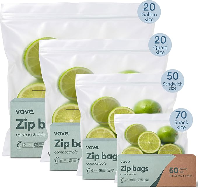 Vove Compostable Storage Bags 160 Ct Variety Pack (S/M/L/XL), Plastic-Free Zip Bags for Food Storage and Meal Prep, PFAS-Free and BPI Certified, Freezer Safe Airtight Seal, Plant-Based