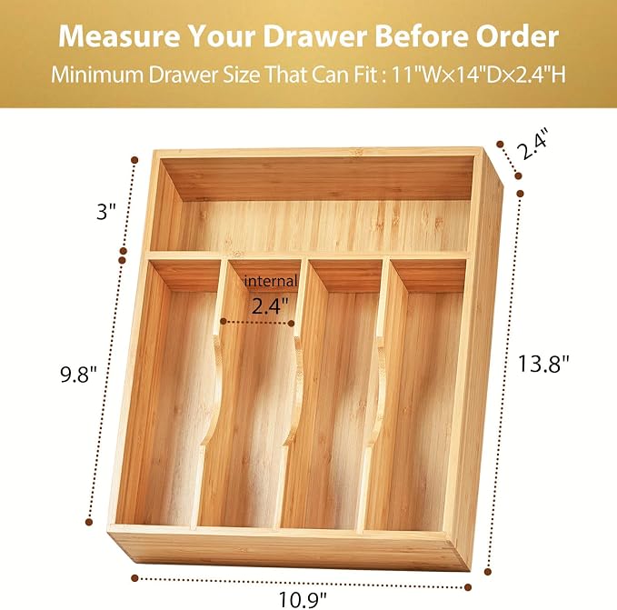 Umilife Bamboo Kitchen Drawer Organizer, 11 Inch Silverware Utensils Tray Holder with Grooved Dividers, 2.4" High Wood Caddy for Flatware Cutlery Knives