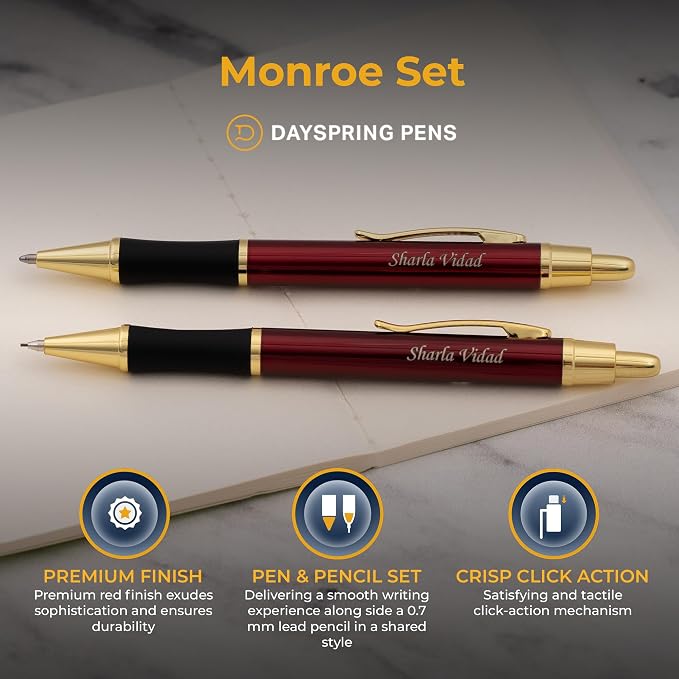 Dayspring Pens Monroe Pen and Pencil Set, Red Lacquer with Gold Trim, Custom Engraved — Graduation, Anniversary, Retirement, or Business Gift