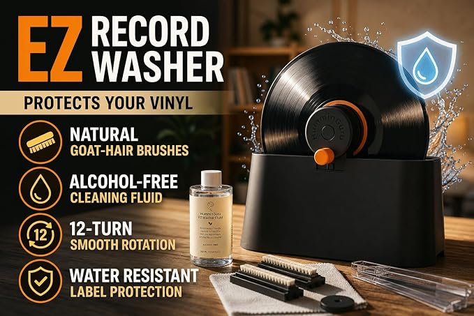 HumminGuru EZ Record Washer, Manual Vinyl Record Cleaner Machine with Easy Spin & Watertight Label Clamp, Record Cleaning Kit with Gentle Goat-Hair Brushes, Alcohol-Free LP Fluid, Drying Rack & Cloth