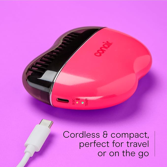 Conair Ceramic Ionic Smoothing Brush, Portable Frizz Control Styling Brush for Shine, 2 Heat Settings up to 360°F, USB-C Rechargeable, Travel-Friendly with Protective Cover, Hot Pink/Black, CR80