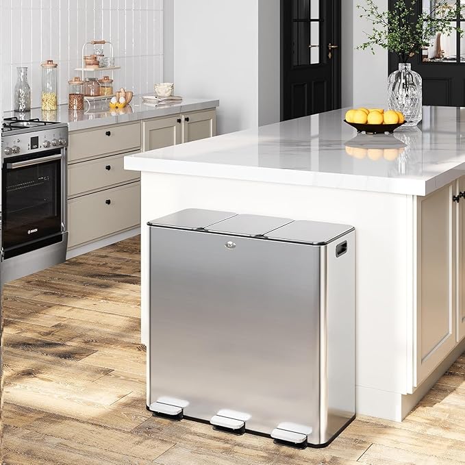 OUTLANE 90L/24 Gal Triple Compartment Trash Can, 3x30L Stainless Steel Recycling Trash Can with Soft Close Pedal Lids & 3 Removable Inner Buckets, Airtight Kitchen Bin for Home, Office Waste Sorting