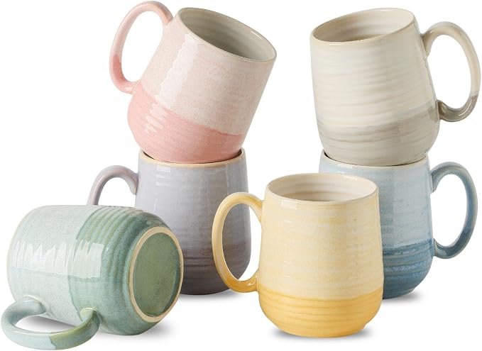 HASENSE Coffee Mugs, 12 oz Porcelain Coffee Cups Set of 6, Two-Tone Reactive Glaze Mugs Gift for Women and Men, Big Colorful Tea Cup for Latte, Cappuccino & Hot Chocolate, Dishwasher Microwave Safe