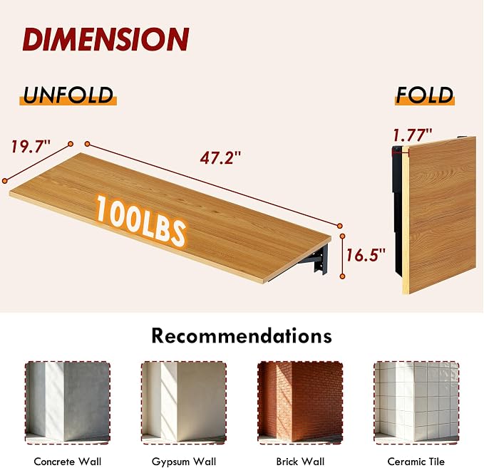 Need 47x20 Inch Wall Mounted Folding Table for Office Laundry Teak | Black Frame Fold Down Wall Mount Desk Folding Wall Table for Small Apartment, Garage&Ironing Station