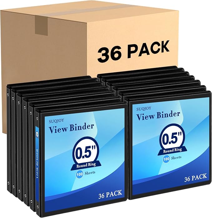 SUQJOY Durable 3 Ring Binders 0.5 Inch 36 Pack Bulk, Clear View Binders Bulk Three Ring Binders PVC Free, Fit for 8.5x11 inches for School or Office Supplie(Black