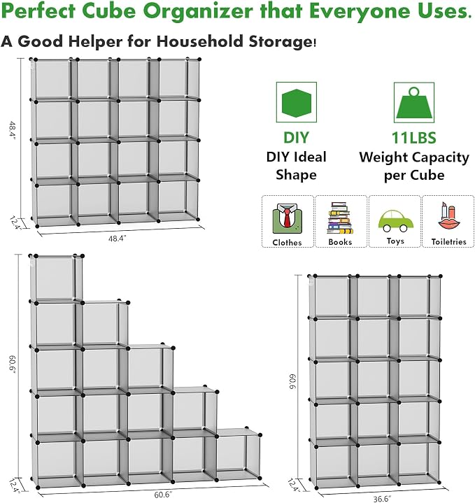 C&AHOME 16 Cube Storage Organizer Cube Shelves Units Storage Cubes, Grey | Plastic DIY Closet Organizer, Stackble Modular Closet Storage Shelves Ideal for Home, Bedroom, 48.4" L × 12.4" W × 48.4" H