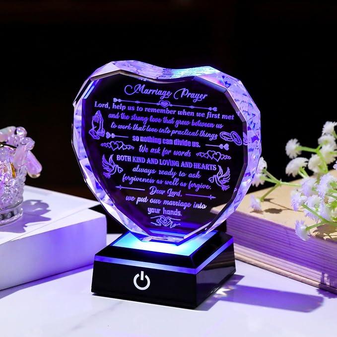Crystal Marriage Prayer Gifts for Couple Heart-shaped Wedding Keepsake with LED Base for Her Him Romantic Anniversary Plaque for Wife Husband on Valentine's Day Birthday Wedding Engagement
