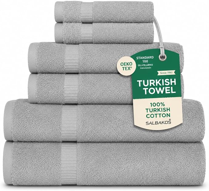 SALBAKOS 100% Turkish Cotton Bathroom Towel Set of 6-Piece, Silver | 630 Gsm Thick Super Soft Highly Absorbent 2 Bath + 2 Hand + 2 Washcloth Towels Sets, Giftable, Hotel Quality, Made in Turkey