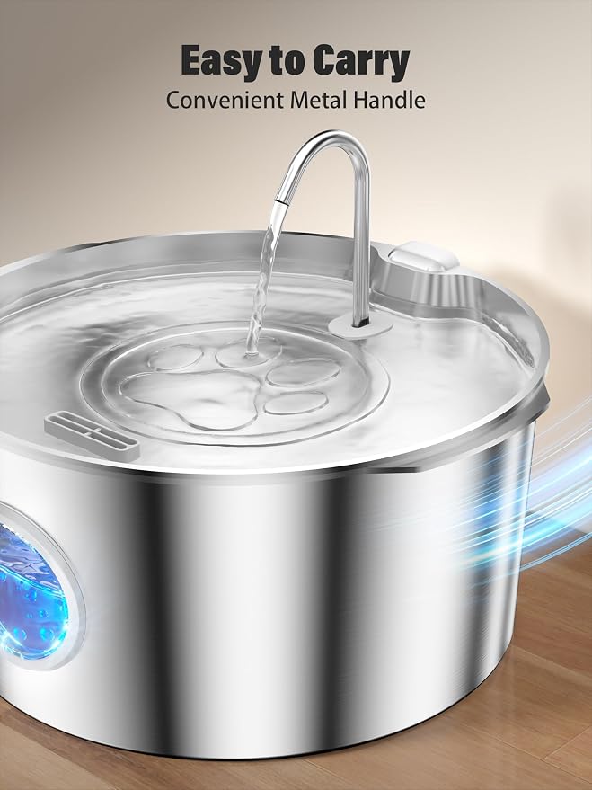 3.4Gal Dog Water Fountain for Large Dogs, Extra Large Stainless Steel Pet Water Fountain, Round Dog Water Bowl Dispenser with Metal Handle, Water Level Window for Multi Pet Home