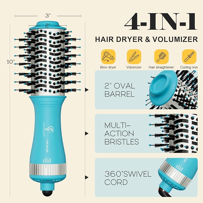 Travel Size Mini Hot Air Dryer Straightener & Curler Brush, Dual Voltage 2-Inch Nano Titanium Blowout Styler Volumizer Tool, European Blow Dryer Brush with Universal Adapter