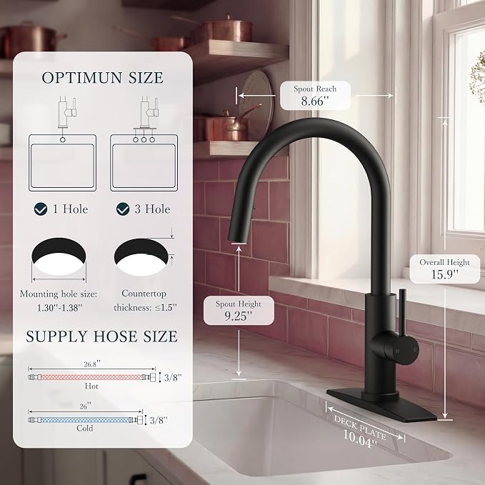 FORIOUS Kitchen Faucet with Hidden Pull Down Sprayer, Black Single Handle | Lead-Free, Stainless Steel, High Arc Sink Faucet with Deck Plate, 1 or 3 Hole Mount for Bar RV Outdoor Laundry Farmhouse