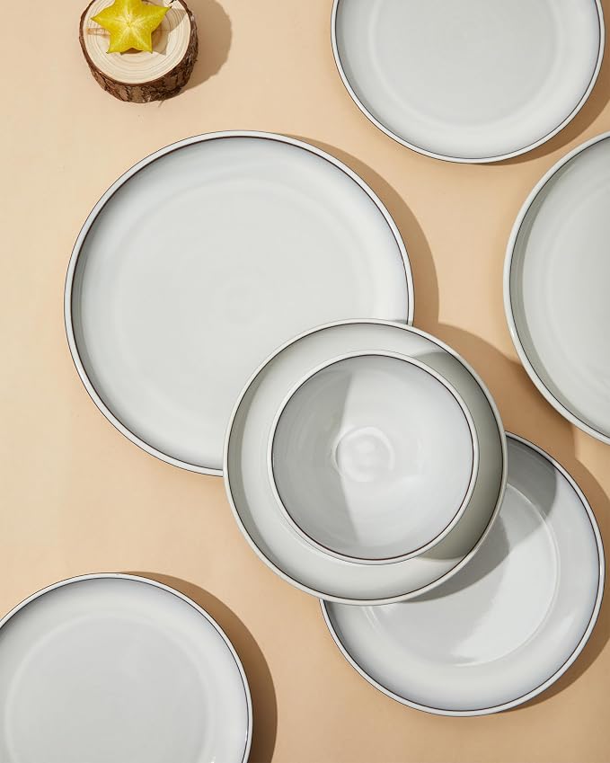 Pokini 24 Piece Stoneware Dinnerware Set for 8, Moonstone White Plates and Bowls Set, Reactive Glaze Ceramic Dish Set, Durable & Chip Resistant, Modern Rustic Look, Microwave & Dishwasher Safe