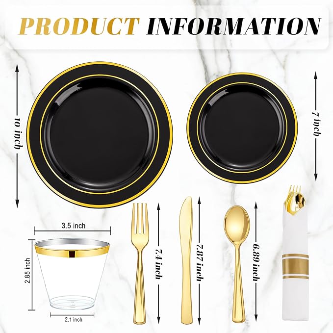 WDF Partyware 175PCS Black and Gold Plates - Black Disposable Plates for Party - 25Guests Disposable Dinnerware Set for Wedding/Party/Birthday/Halloween