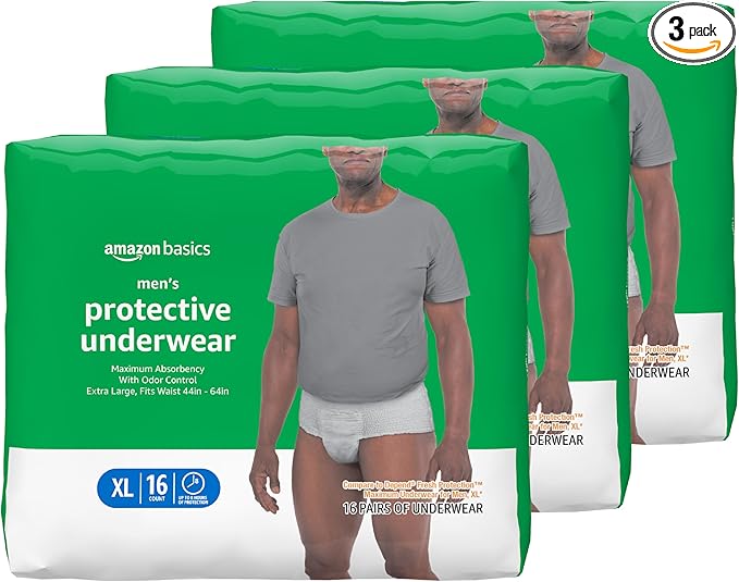 Amazon Basics Maximum Absorbency Incontinence Underwear for Men with Leak Protection, Moisture Control, Bladder Leak, X-Large, 48 Count (3 Packs of 16)