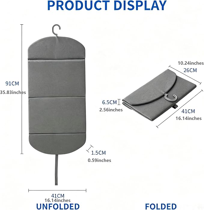 Foldable Hanging Ironing Board with Hook, 36x16 in, Gray | Wrinkle-Free Anywhere — Foldable Heat-Resistant Steamer Pad with Hook, 36x16", Portable for Home & Travel