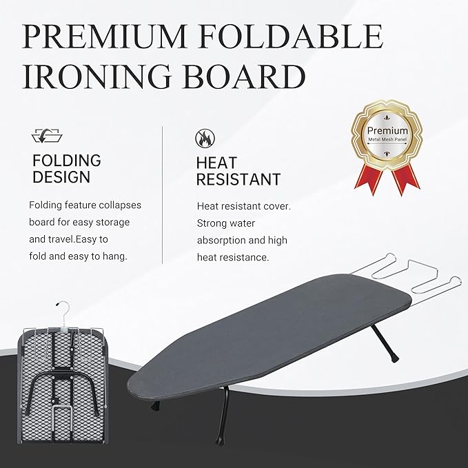 ZOES HOMEWARE Metal Mesh Panel Tabletop Ironing Board | Foldable Iron Board | Heavy Duty Small Iron Board with Heat Resistant Cover and 100% Cotton 8mm Thicken Pad | 31.5"x11.8"x6.2"